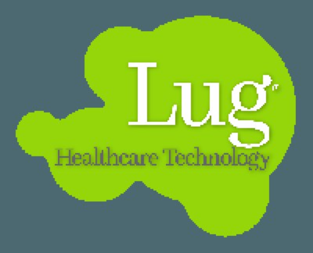 Logo der Lug Healthcare Technology mit fettem schwarzen Text in der Mitte auf einem weißen Hintergrund, umgeben von einem blauen Kreis mit weißer Umrandung.