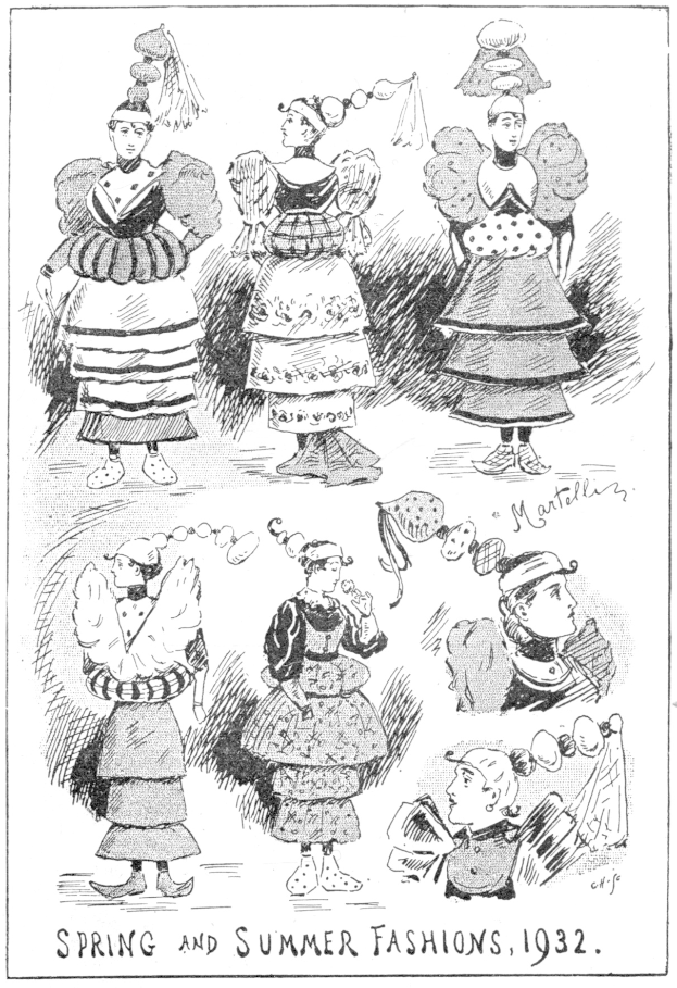 Schwarz-weiß-Illustration von Frauen in 1932er Frühlings- und Sommer-Modekleidern mit beschreibendem Text auf dem Papier.