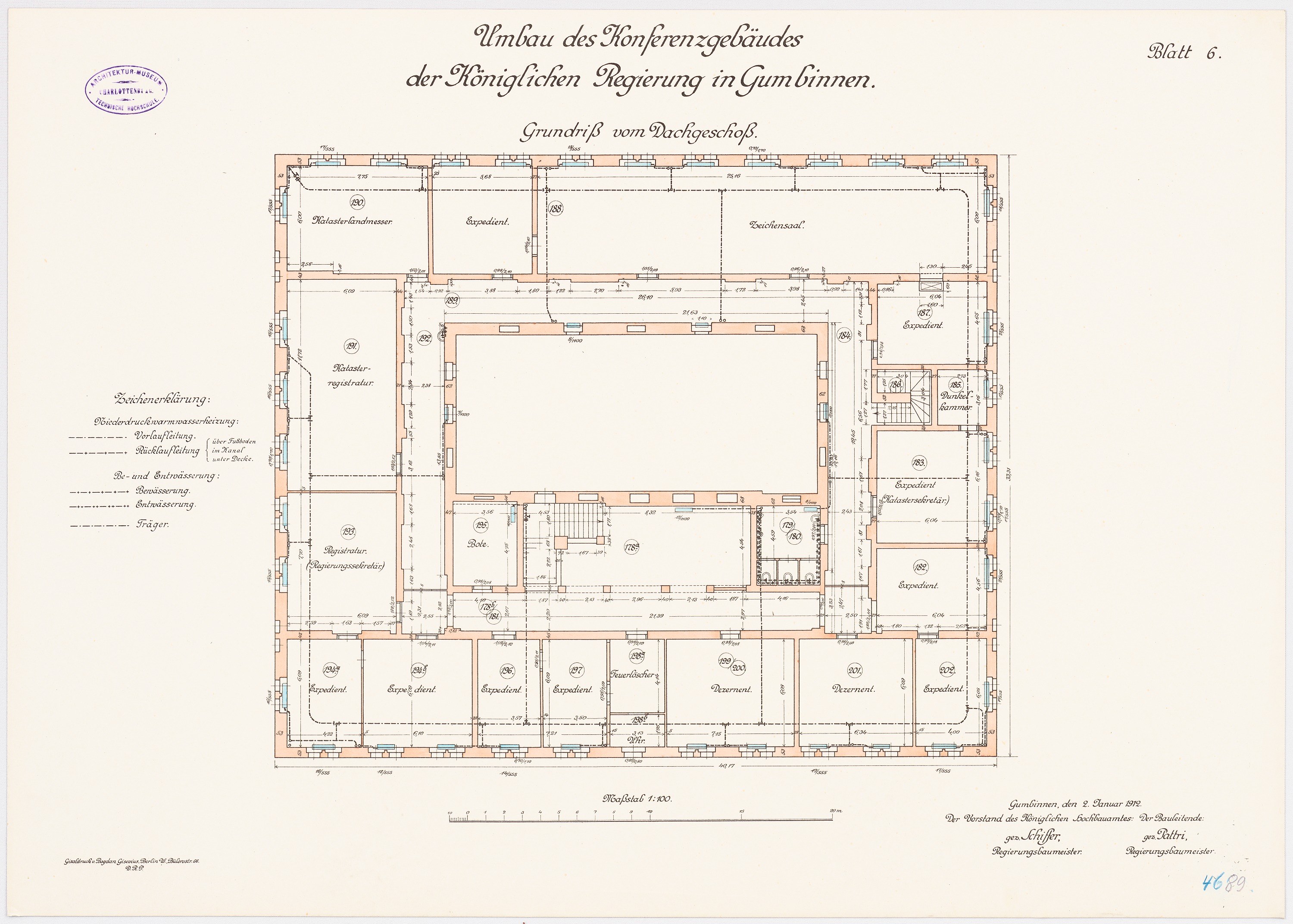 Black and white architectural floor plan of the Königlichen Regierung in Gumbinnen, showing numerous labeled rooms and handwritten annotations on aged paper.