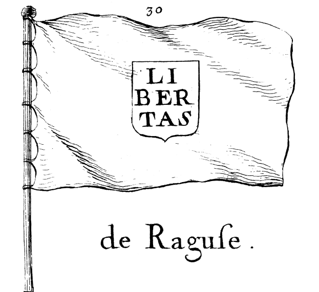 Black and white drawing of a flag with the text "Libertas de Ragufe" on it, attached to a pole.