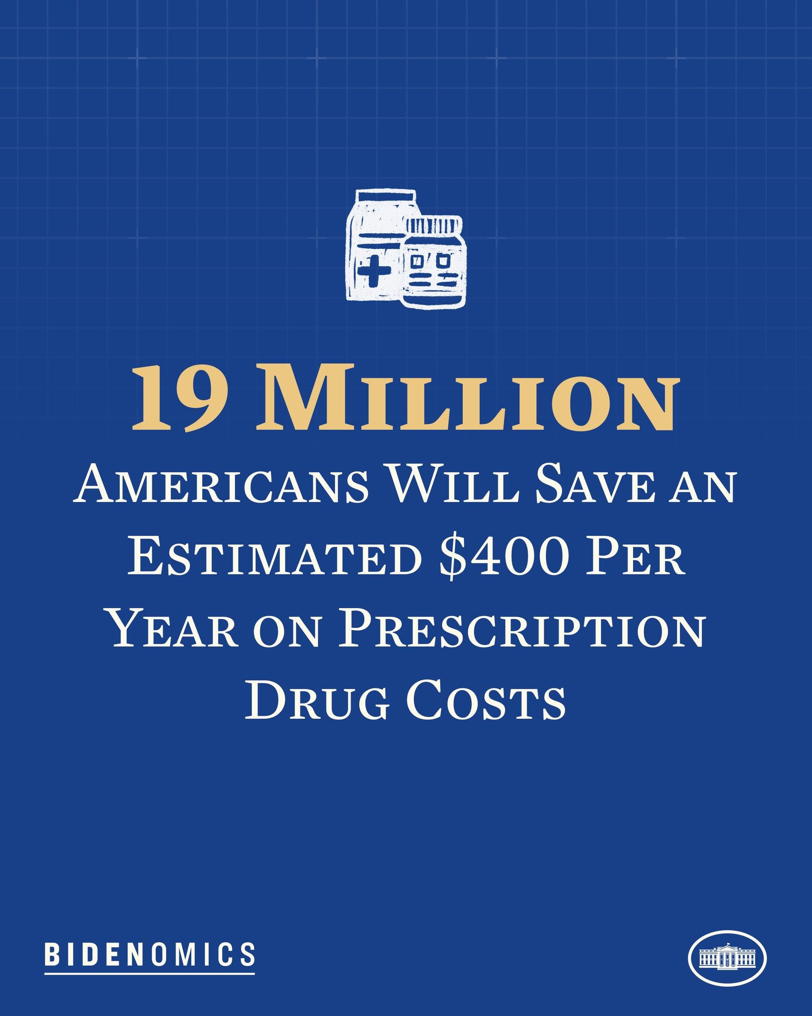 Blue background with white text and a logo stating "19 million Americans will save an estimated $400 per year on prescription drug costs."
