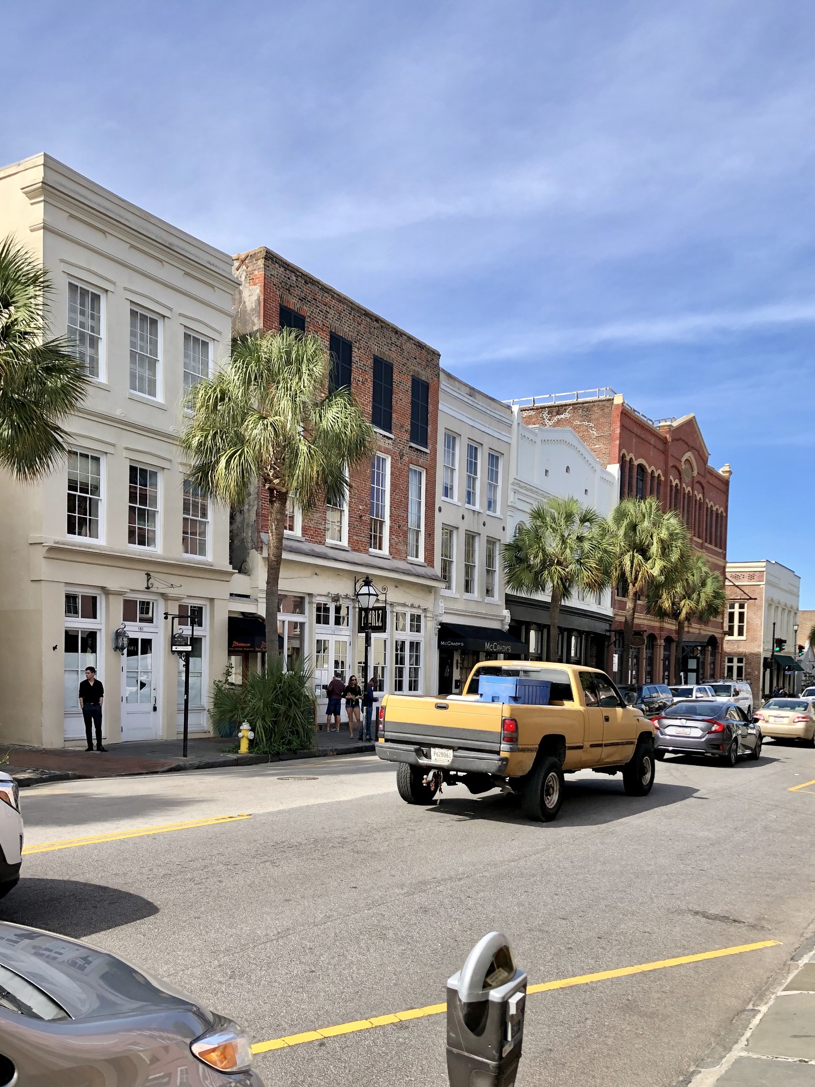 City street with parked cars, buildings, trees, light poles, pedestrians on the sidewalk, cloudy sky, and a parking meter at the bottom.