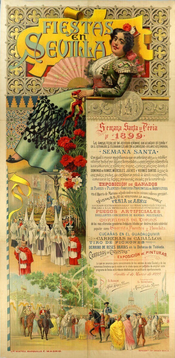 Poster for a fiesta in Sevilla, Spain, featuring a woman in traditional dress surrounded by people, horses, trees, and flowers with event details in text.