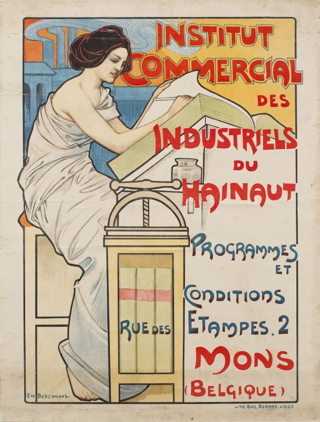 A poster for the Institut Commercial des Industriels du Hainaut showing a woman seated at a table holding a book, with text providing information about the institute.