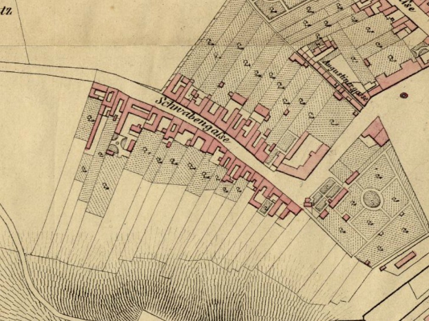 Old map of London, England, with a detailed plan of Schwabengaise in the center, showing roads, buildings, and landmarks with text annotations.