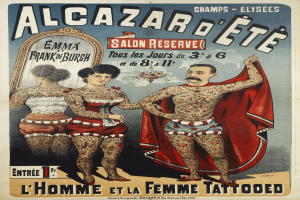 Poster for a tattoo parlor in Paris featuring two tattooed people standing side by side with text advertising the salon.