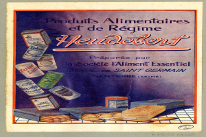 Ein Plakat mit verschiedenen Lebensmitteln, darunter Kartons, mit der Aufschrift "Heidelberg - Produkte Alimentaires et de R├Ęgime Heidelberg".