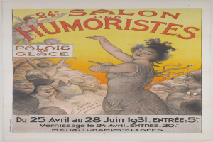 Plakat für den Salon des Humoristes in Paris mit einem Frauengesicht inmitten einer Menge und Text auf dem Plakat.