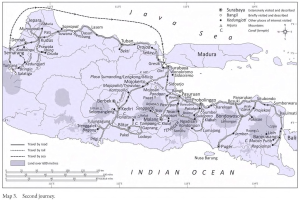 Eine detaillierte Karte des Indischen Ozeans mit einer Routenmarkierung mit Städten, Flüssen und Entfernungen auf einem Plakat.