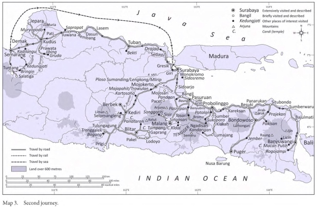 Eine detaillierte Karte des Indischen Ozeans mit einer Routenmarkierung mit Städten, Flüssen und Entfernungen auf einem Plakat.
