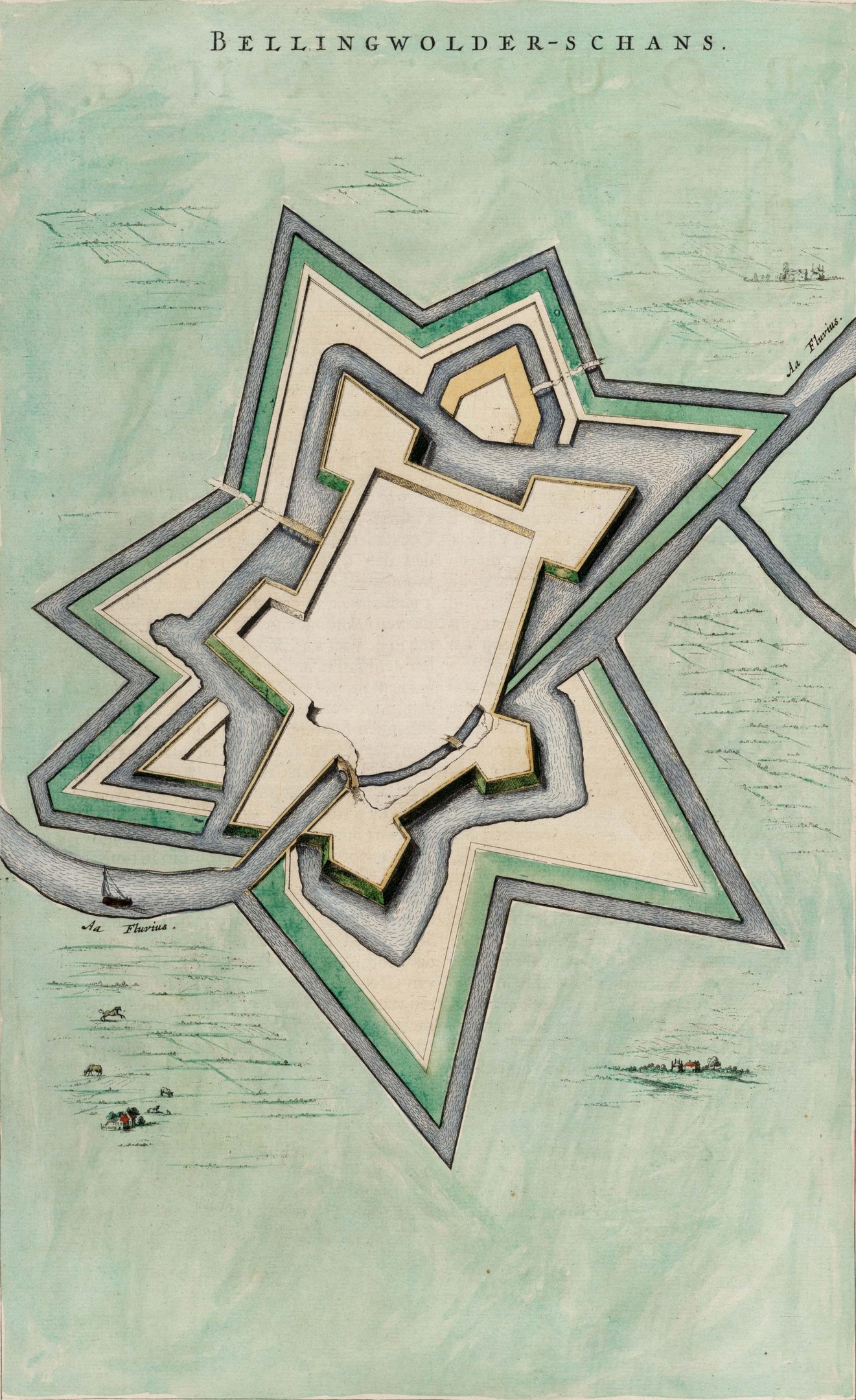 A detailed poster featuring a map of Bellingwolderschans, Germany, with streets, buildings, and landmarks, accompanied by text about the city's history, culture, and attractions.