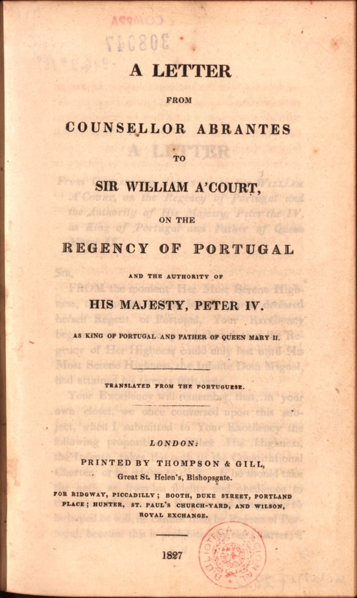 Open book displaying a letter from Counsellor Abrantes to Sir William A'Court, the Regency of Portugal, with visible text and a stamp.