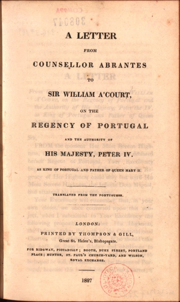 Open book displaying a letter from Counsellor Abrantes to Sir William A'Court, the Regency of Portugal, with visible text and a stamp.