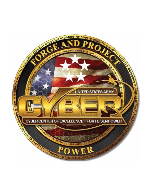 Logo of the United States Army Cyber Center of Excellence, Fort Eisenhower, featuring a blue circle with a white star and the text "Forge and Project Cyber Power" in bold black font.