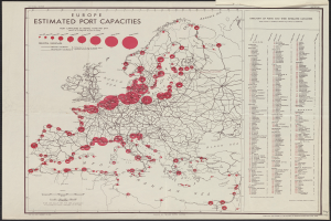 Ein gerahmtes Europa-Karte mit roten Punkten, die geschätzte Hafenkapazitäten markieren.