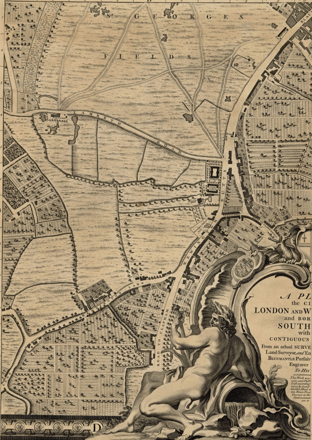 Ein detailliertes Stadtplanplakat von London und der Umgebung mit einer zentralen Skulptur einer Person.