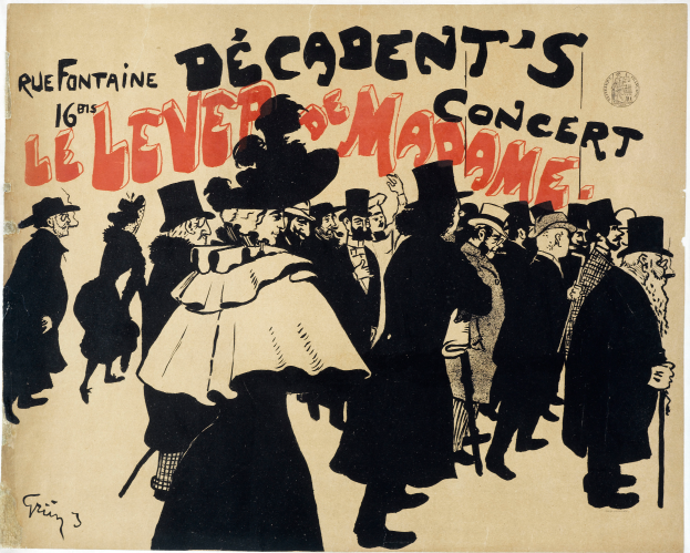 Ein Plakat, das ein Konzert in Paris, Frankreich, ankündigt, mit einer Gruppe von Menschen, einige tragen Hüte, und dem Text "Decadent's Le Lever de Madame".