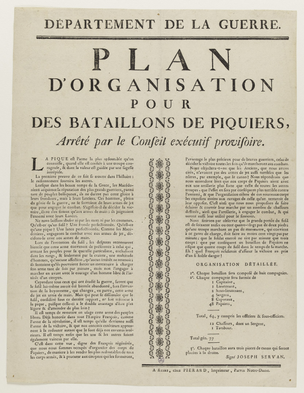 A paper with the title "Plan d'Organisation pour des Batailons de Piquiers, Arreté par le Conféil Executif Provifoire" related to the Battle of Piquier.