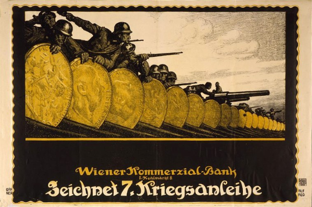 Deutsches Propagandaplakat aus dem Zweiten Weltkrieg, das bewaffnete Soldaten in Helmen mit dem Text "Wiener Kommerzialbank" unten zeigt.