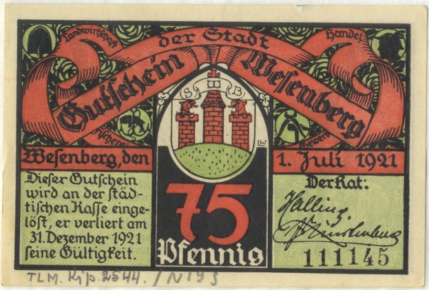 Alte deutsche Banknote mit einem Gebäude, darauf der Text 'Bundesliga' und ein Logo auf weißem Hintergrund.