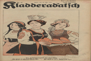 Ein altes Buchcover mit drei Frauen in traditioneller bayrischer Tracht, wobei eine ein Tablett mit einem herzförmigen Gegenstand hält, betitelt mit "Riaderadatich, September 1918".
