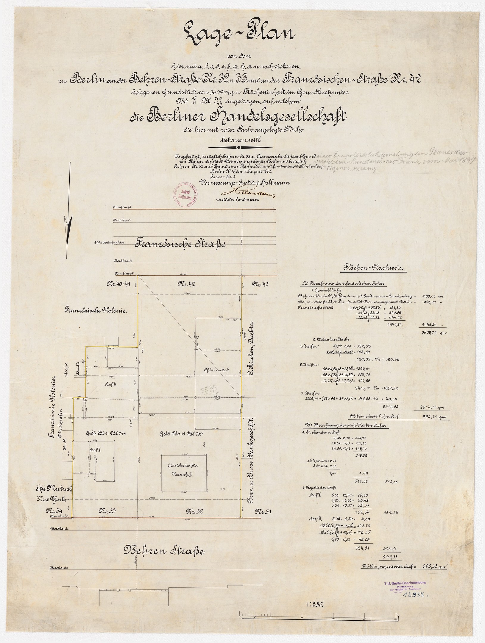 Old document with a map of a building titled "Plan of the Berliner Handelagellachaft," featuring text and a stamp on the left side.