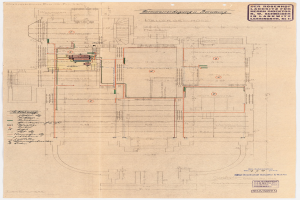 Schwarz-weißer Architekturplan des Rosenhof-Krankenhauses in Hamburg, Deutschland, mit detaillierten Entwürfen mit zahlreichen Drähten, Räumen, Fluren und Textanmerkungen auf altem Papier.