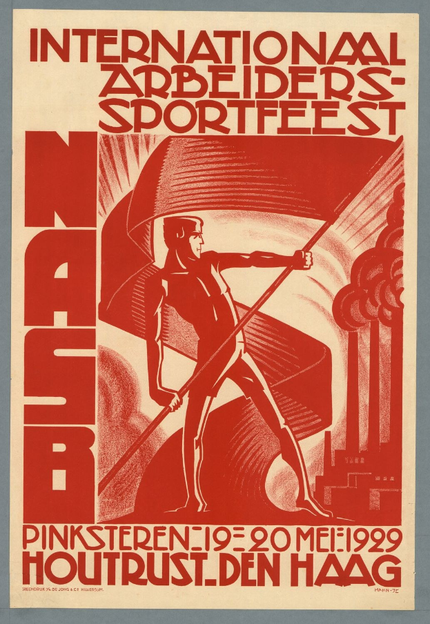 Poster for the 1929 International Arbeiders-Sportfeest in Hamburg, Germany, depicting a person holding a flag with the text "Houtrust den Haag."