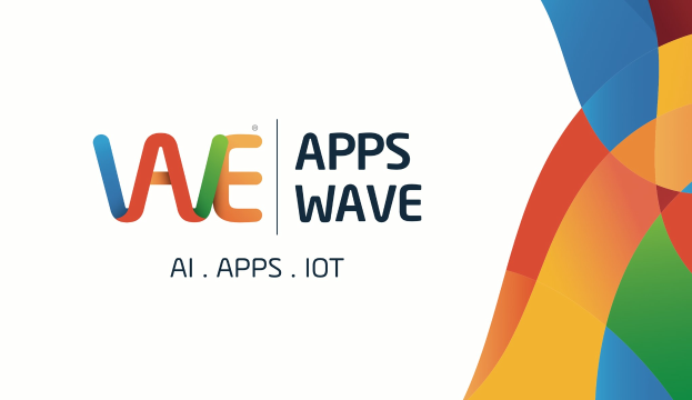 Farbiges Design mit den Wörtern "AI, Apps, IoT" auf einem weißen Hintergrund.