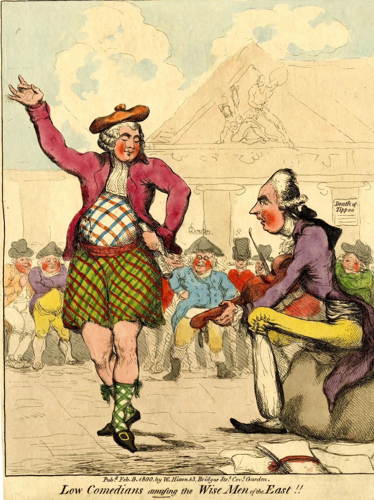 Cartoon of a man in a kilt and a woman in a dress performing for a crowd in front of a building with clouds in the sky, with text at the bottom reading "Low Comedians Amusing the Wise Men of the East".