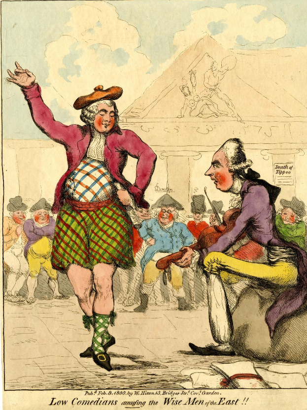 Cartoon of a man in a kilt and a woman in a dress performing for a crowd in front of a building with clouds in the sky, with text at the bottom reading "Low Comedians Amusing the Wise Men of the East".