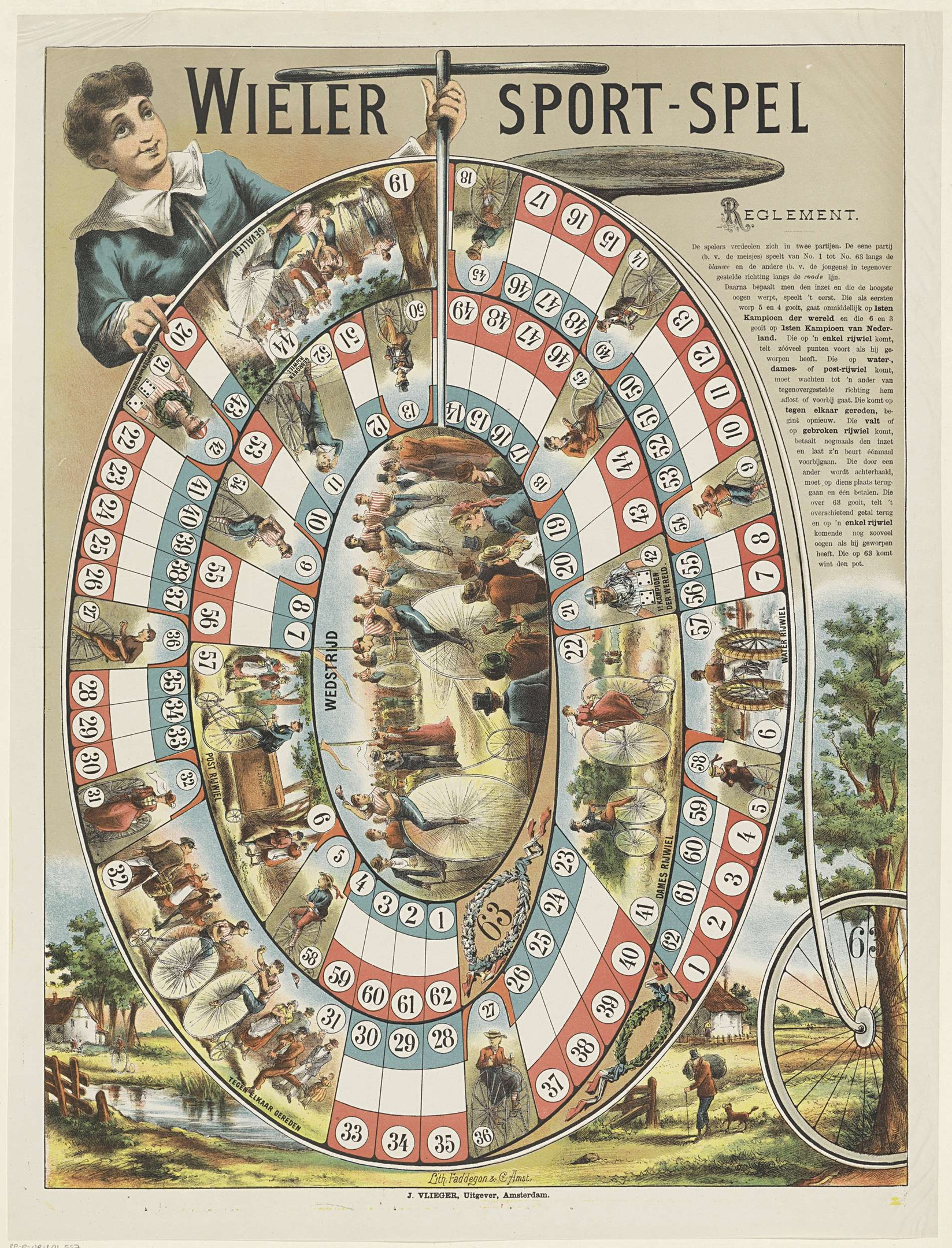 Ein Plakat mit einem Mann in einem blauen Hemd, der ein Glücksrad hält, umgeben von Text und Bildern von Menschen, Bäumen und einem Fahrrad, mit einem entschlossenen Gesichtsausdruck.