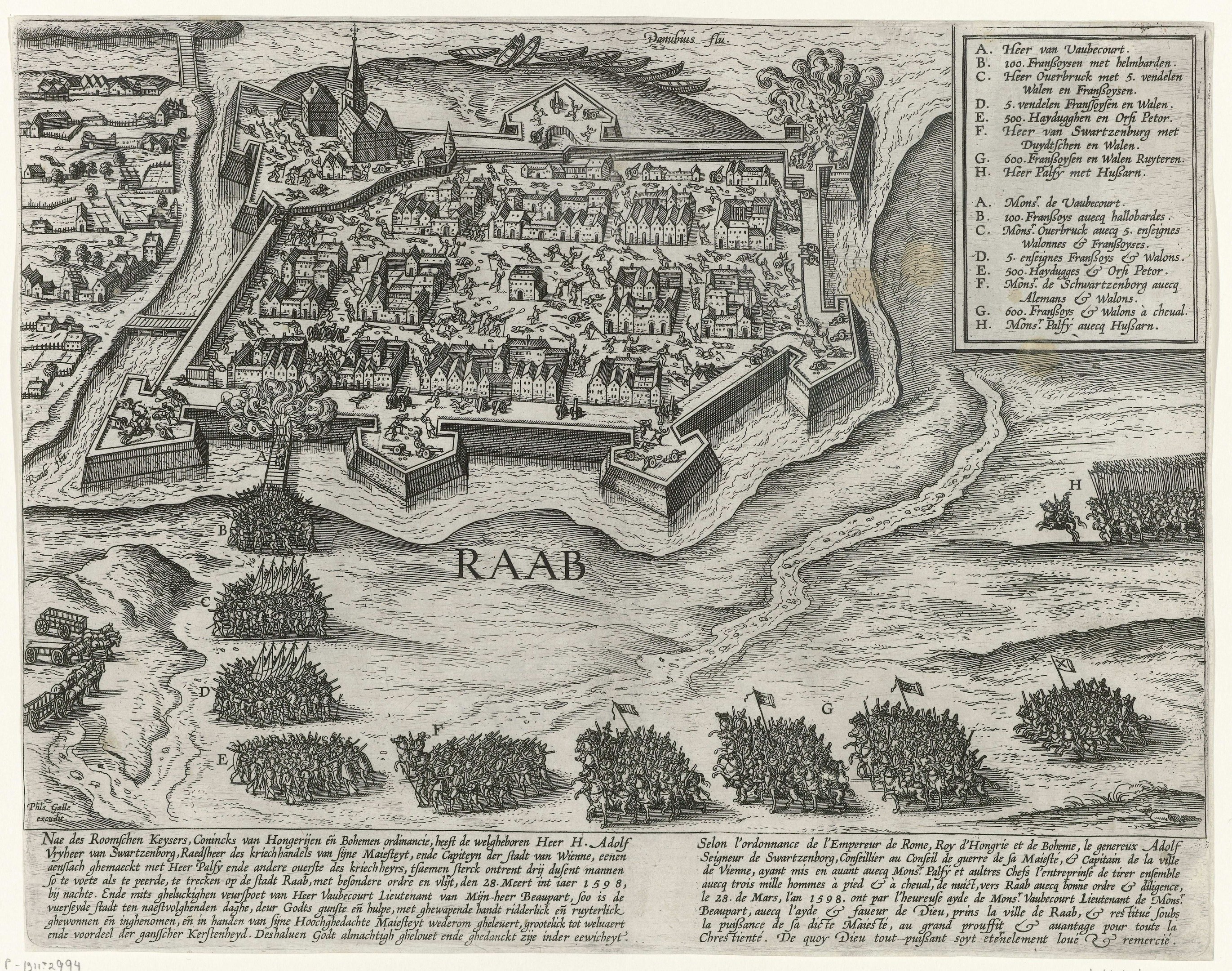 Old map of Raab, Netherlands, depicting green trees, tall buildings, and descriptive text on aged paper.