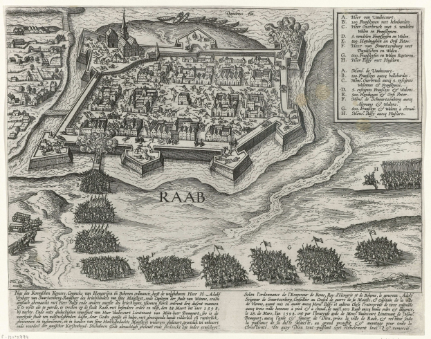 Old map of Raab, Netherlands, depicting green trees, tall buildings, and descriptive text on aged paper.