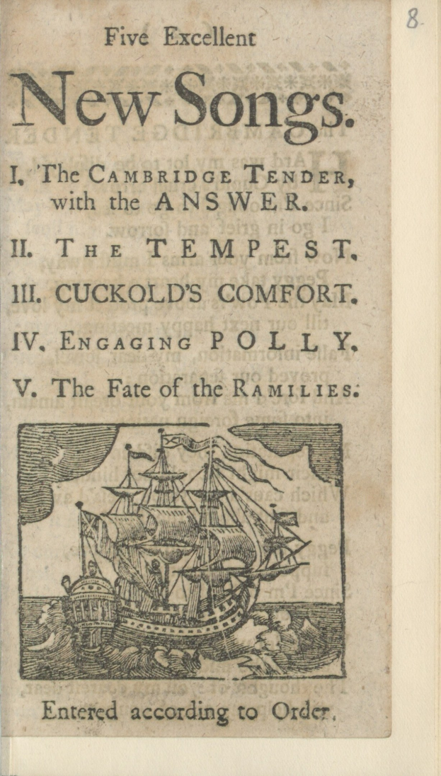 Altes Buchcover mit einem Schiff auf dem Wasser und dem Text "Fünf ausgezeichnete neue Lieder" und einem blauen Himmel mit Wolken.