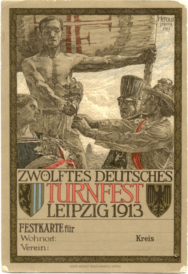 Poster for the Zwolffes Deutsches Turnfest Leipzig 1913, featuring a central group of people with text providing event details.