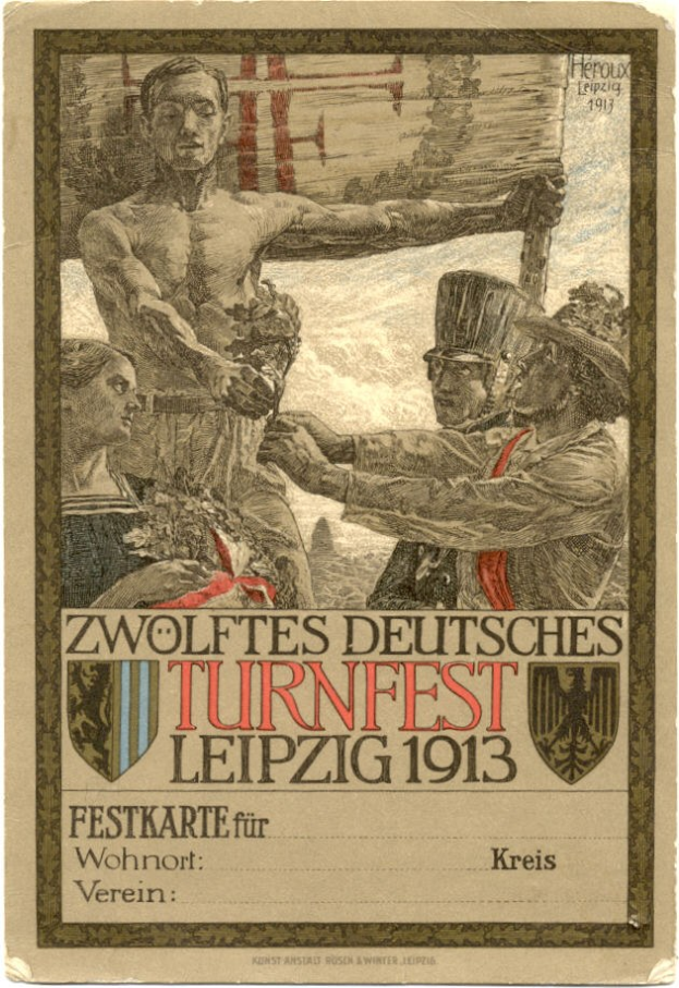 Poster for the Zwolffes Deutsches Turnfest Leipzig 1913, featuring a central group of people with text providing event details.