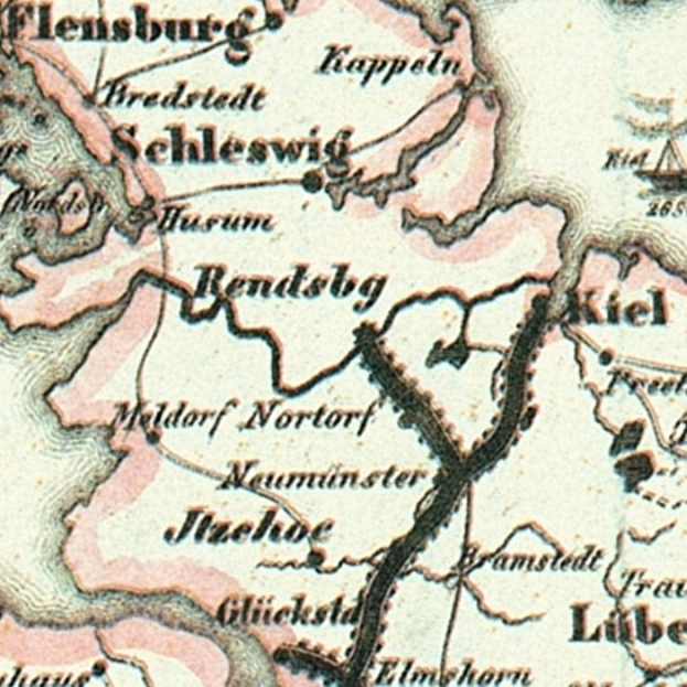 Detailed old map of Schleswig-Holstein showing streets, buildings, and landmarks with accompanying text about population, roads, and notable features.
