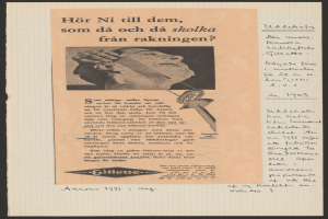 Eine alte Zeitung mit einer Anzeige, auf der ein Mann in einem weißen Hemd zu sehen ist, der ernst schaut und direkt in die Kamera blickt.