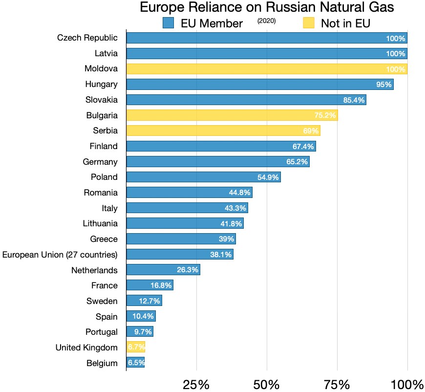 Eine Balkenchart, die das Abhängigkeitsverhältnis europäischer Länder vom russischen Erdgas zeigt, mit Prozentangaben und Texten, die das Investitionsniveau angeben.