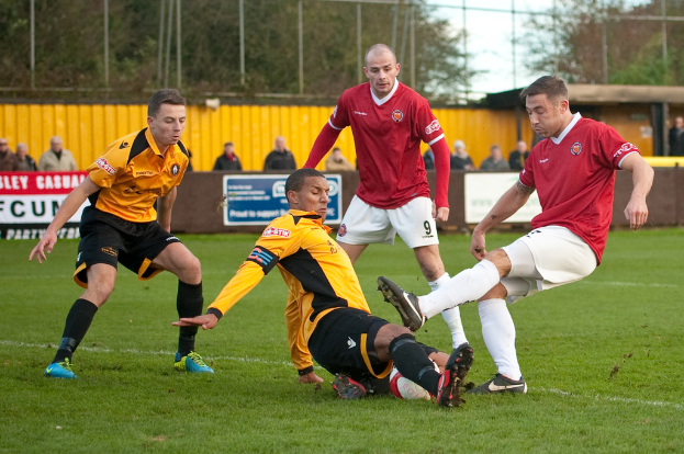 Spieler in blauen und roten Uniformen spielen auf einem Rasenfeld mit einem Ball, während Zuschauer außerhalb des Feldes jubeln, mit einem Baum und Himmel im Hintergrund.