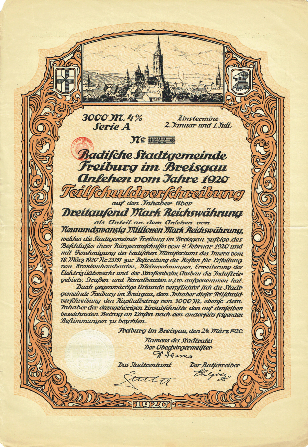 Ein altes deutsches Wertpapier mit einer Stadtansicht und gedrucktem Text über die Herkunft des Wertpapiers