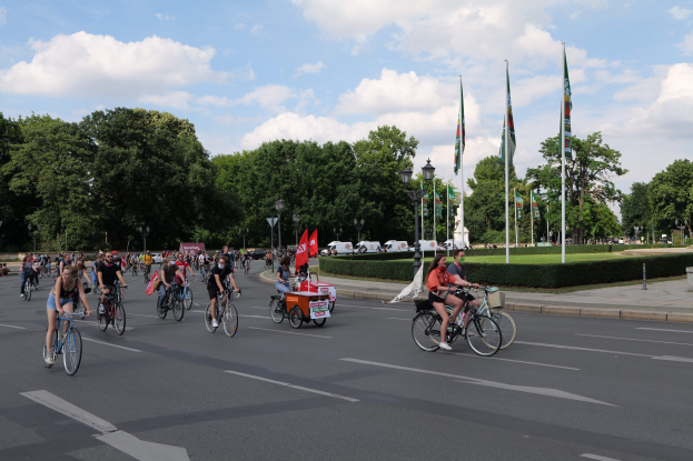 Menschen auf Fahrrädern auf einer von Bäumen gesäumten Straße mit Laternen und Fahnenmasten während der Paris Bike Ride 2016, mit Fahrzeugen und bewölktem Himmel im Hintergrund.
