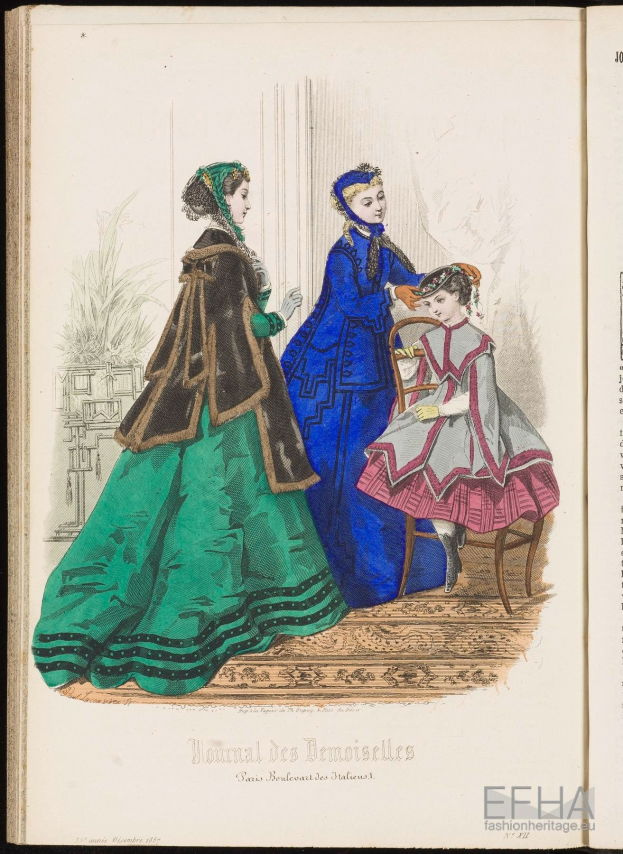 Three women in 19th-century dresses and hats stand beside a seated woman, with a book titled "Journal des Demoiselles" (Paris, 1875) visible.