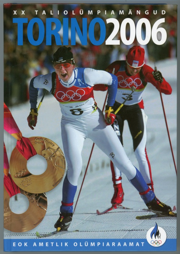 Ein Plakat der Olympischen Spiele 2006 in Turin, Italien, das zwei Skifahrer auf dem Schnee zeigt, mit "Torino 2006" darüber geschrieben.