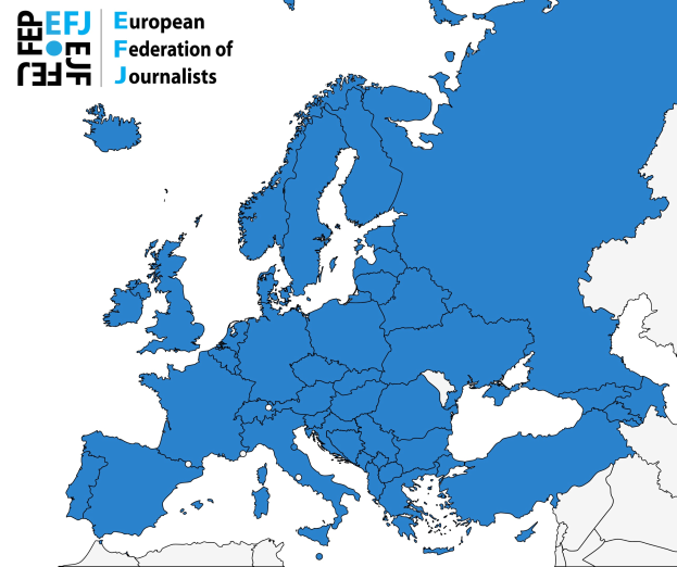 A map of Europe highlighting the European Federation of Journalists (EFJ) in blue with additional text details.