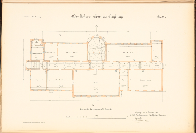 Old book open to a detailed floor plan drawing of the Schullacher-Seminar Schütze German school building, showing room layouts, windows, doors, and dimensions.