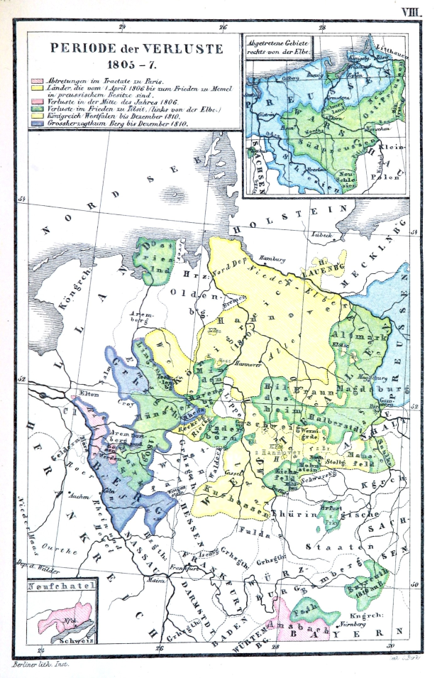 A poster of a map of Germany during the Verluste period, with colored regions, labeled cities, towns, and geographical features.