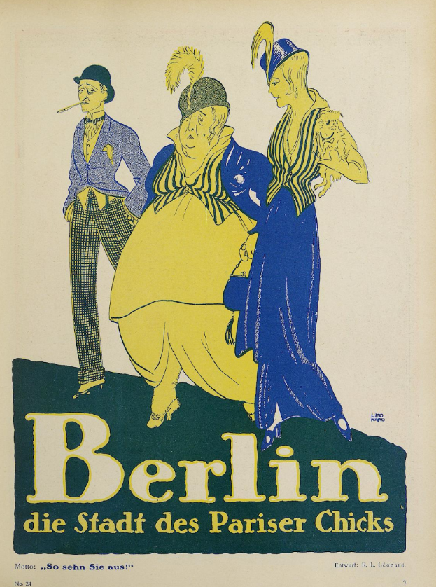 Ein Plakat, das ein Konzert in Berlin, Deutschland, ankündigt, zeigt eine Gruppe farblich gekleideter Menschen vor einem Gebäude, mit der Aufschrift "Berlin - Die Stadt des Pariser Chicks" oben.