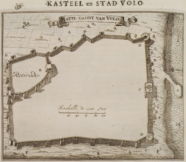 Detailed map of Kastel, Netherlands, with streets, buildings, and landmarks, accompanied by text about the city's size, location, and history.